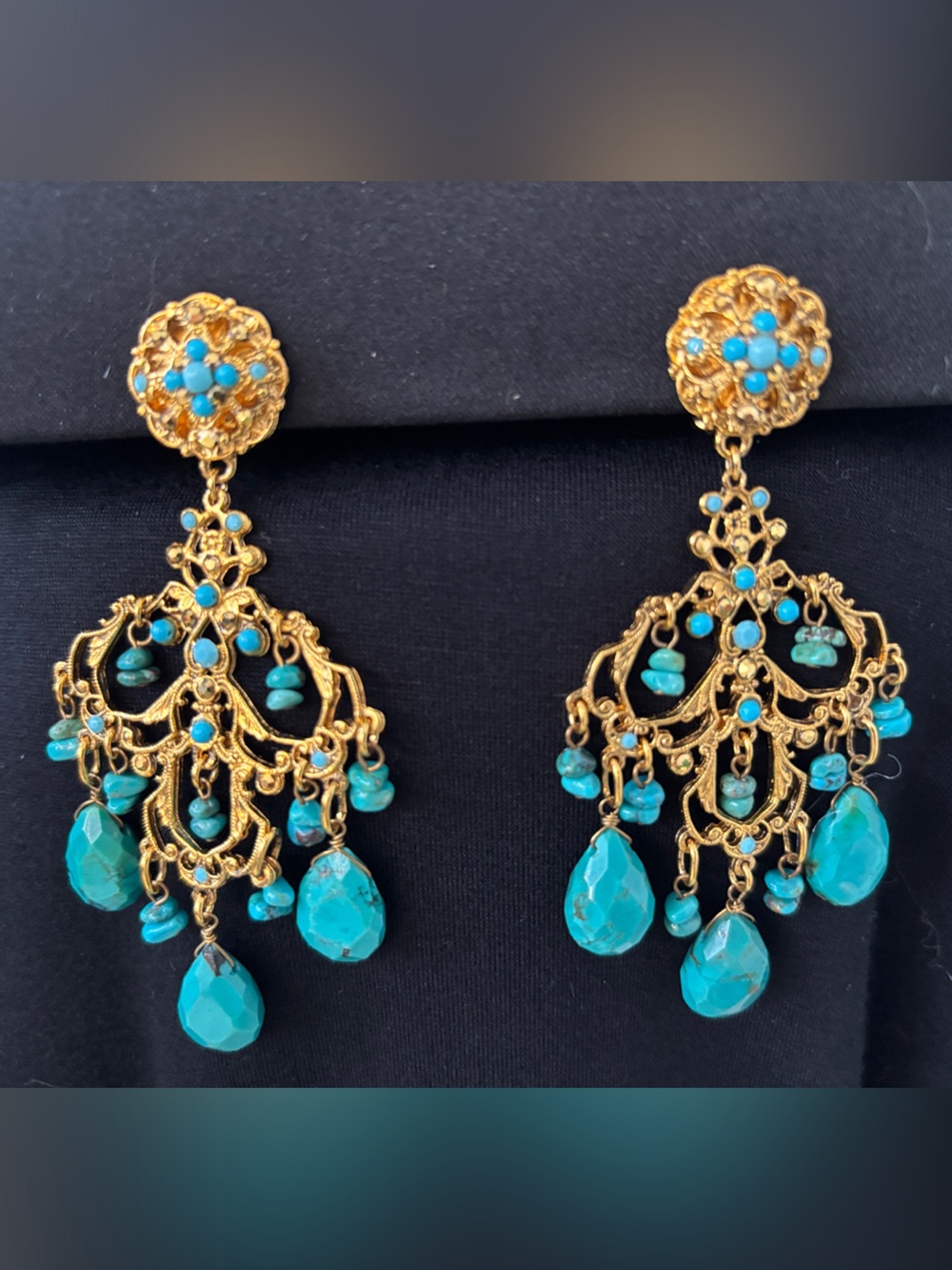 Barrera Gold Filigree Chandelier Earrings with Turquoise Beads